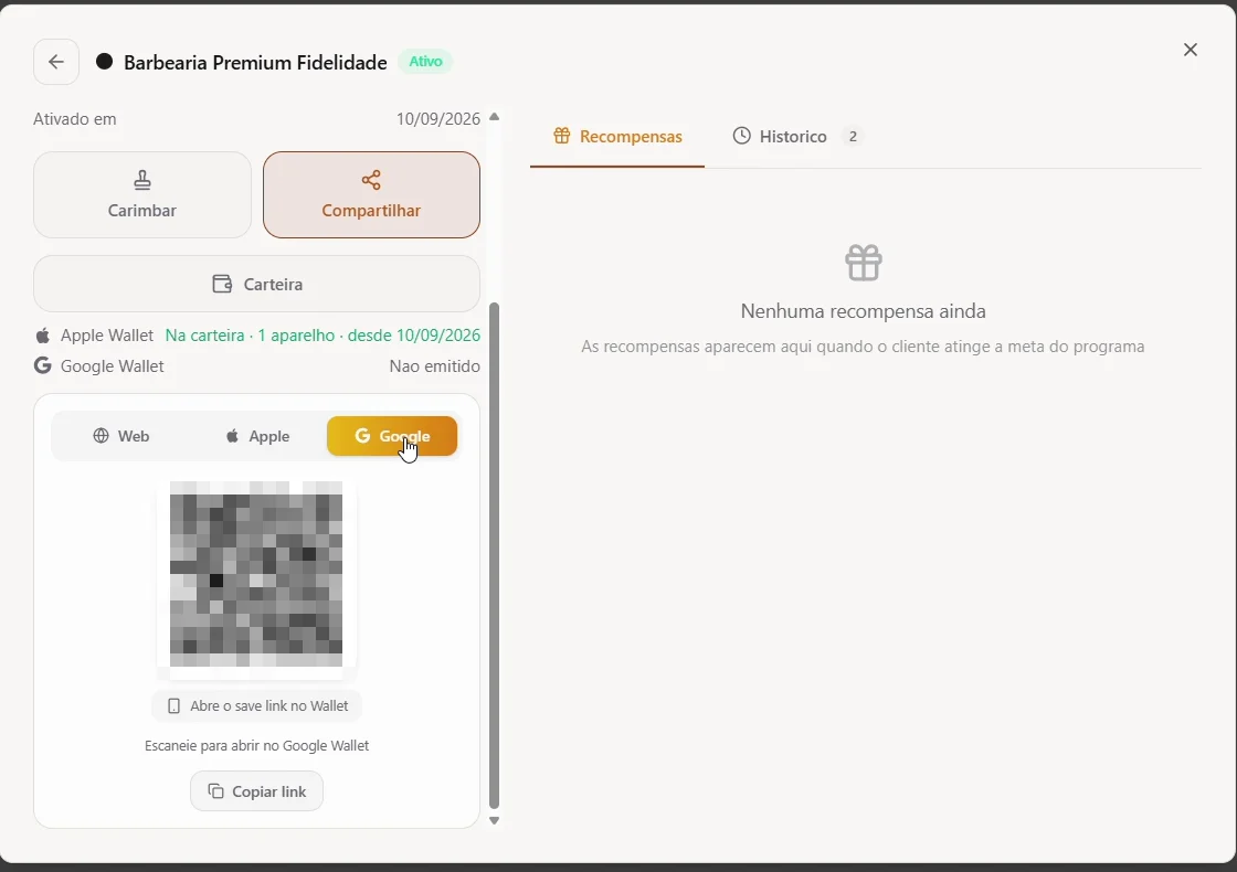 Painel Compartilhar com a aba Google selecionada, o QR code e o botão Copiar link