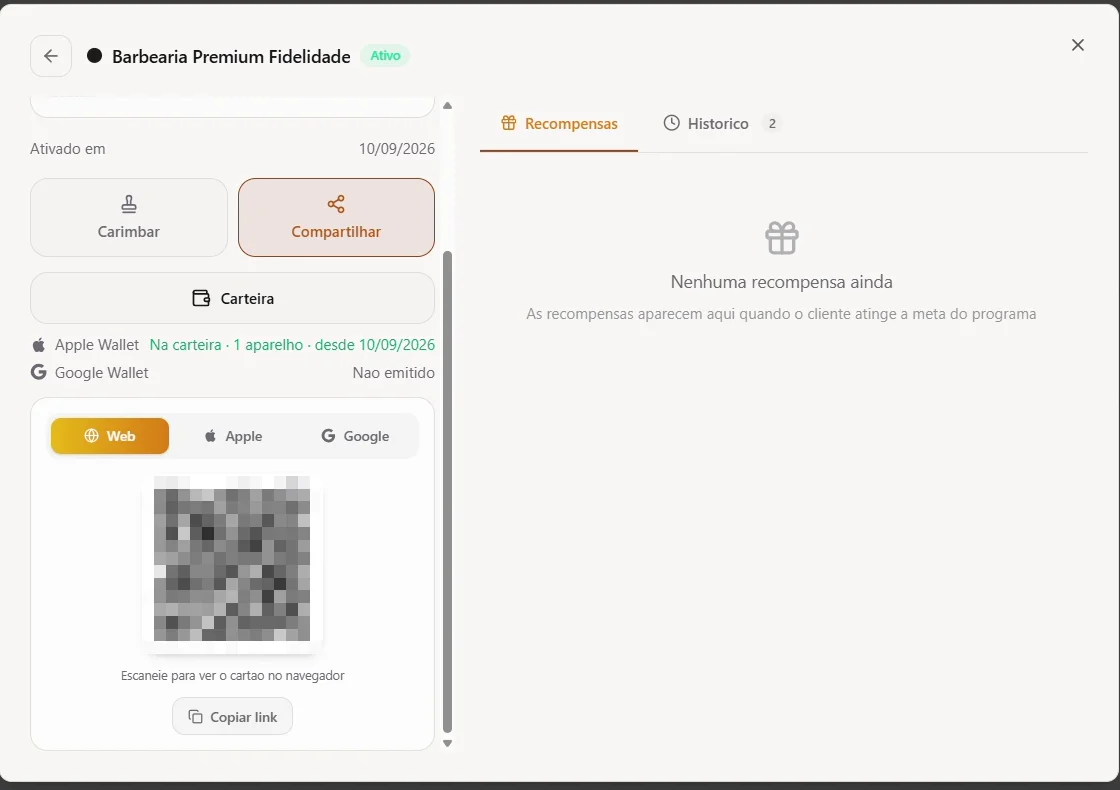 Painel Compartilhar com a aba Web selecionada, o QR code e o botão Copiar link